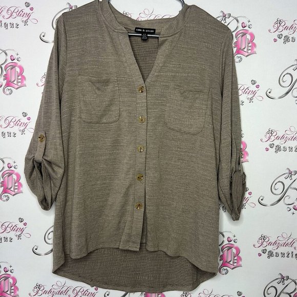 Cable & Gauge Tops - Cable & gauge top cargo taupe brown grey buttons 3/4 sleeve cute comfy shirt